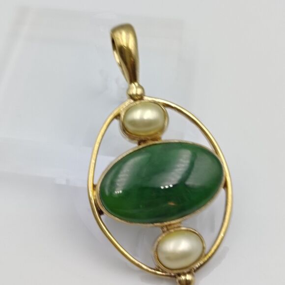 Vintage Sajen Sterling Silver 925 Vermeil Jade/Nephrite Baroque Pearl Pendant - Picture 8 of 13